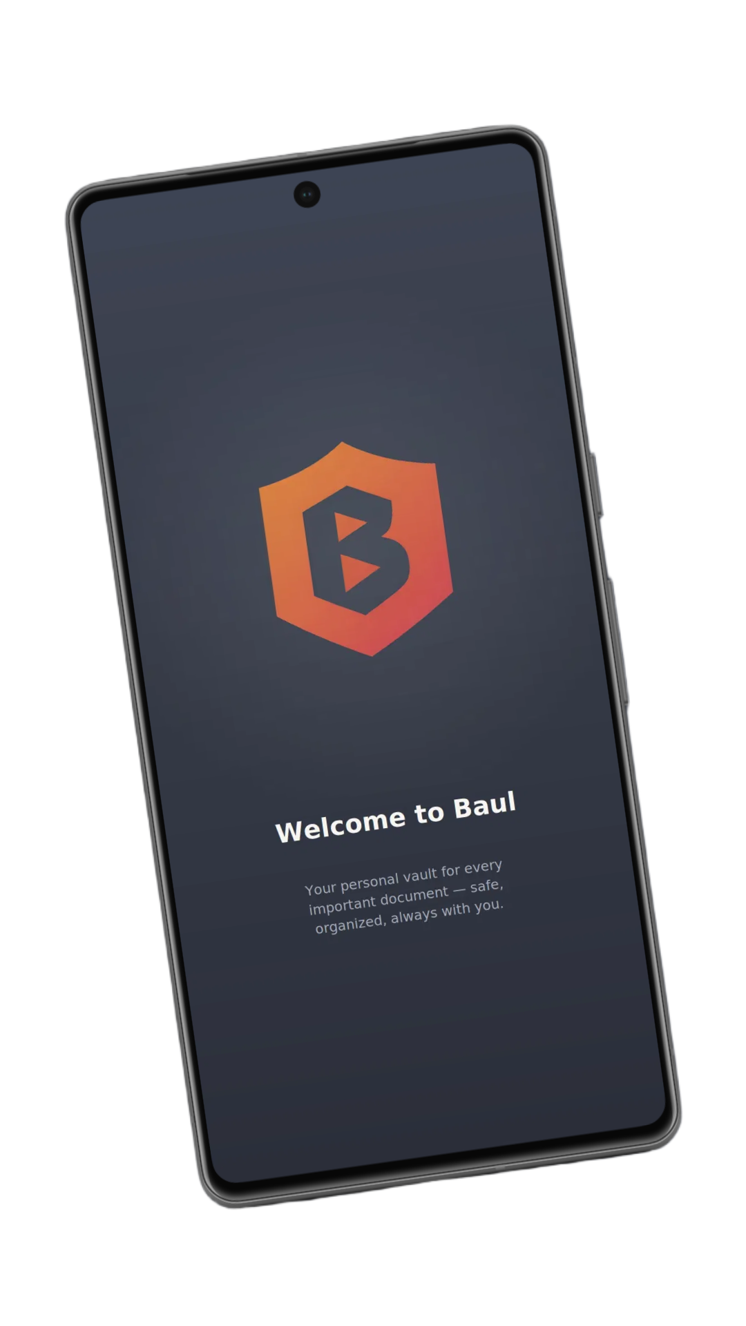 Hand holding a phone showing the Baul app welcome screen